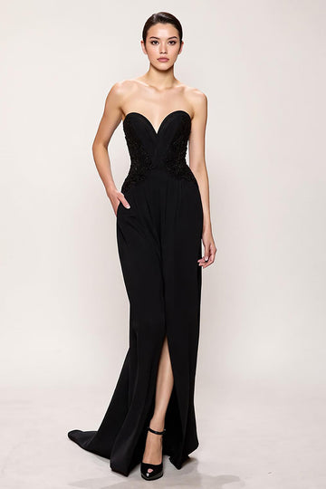 Sweetheart Simple Black Sheath Long Evening Dress with Slit